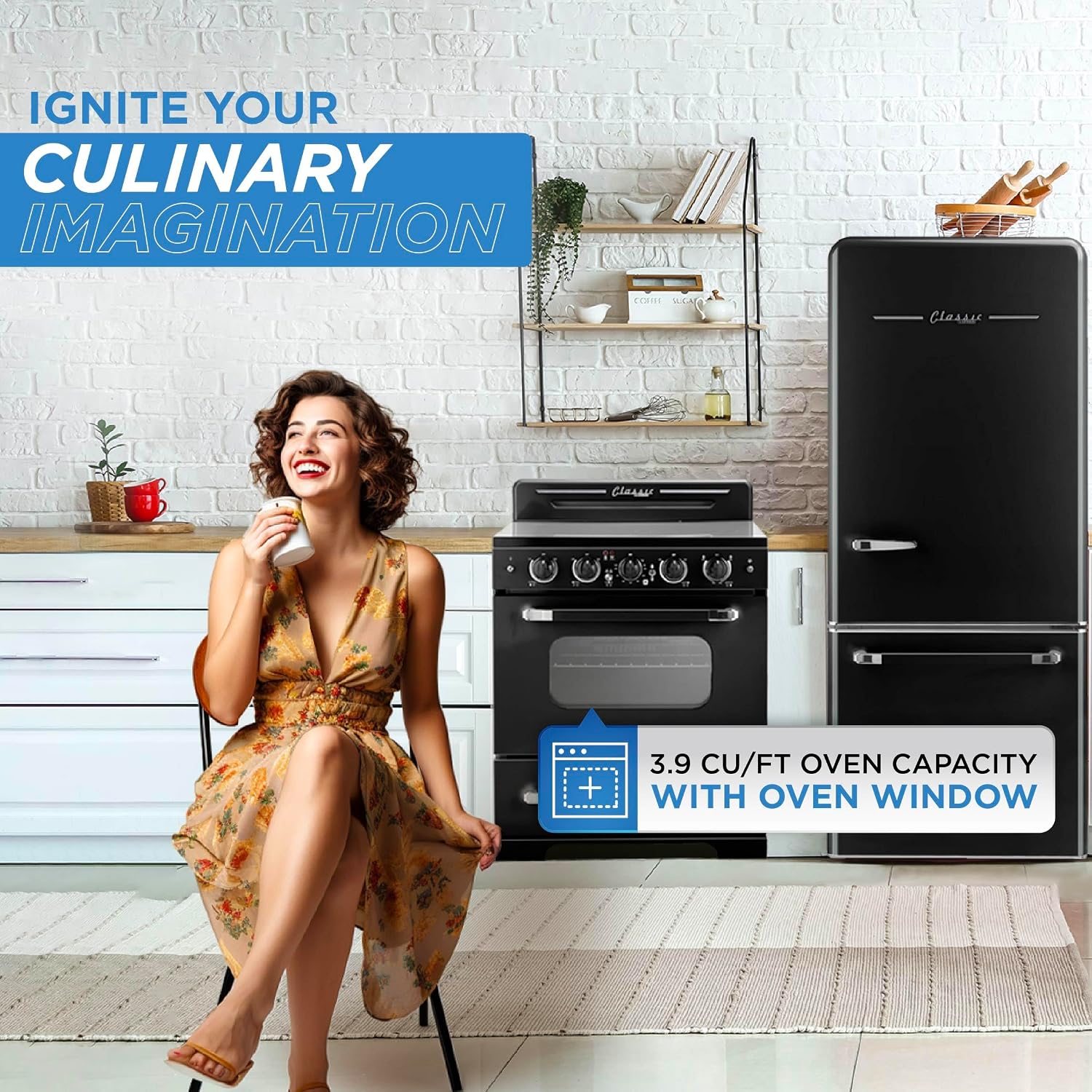 Unique Appliances Classic Retro Radiant Electric Range, Freestanding Electric Range with 5-Element Glass Cooktop, Convection Oven, and Oven Light, 30', Midnight Black