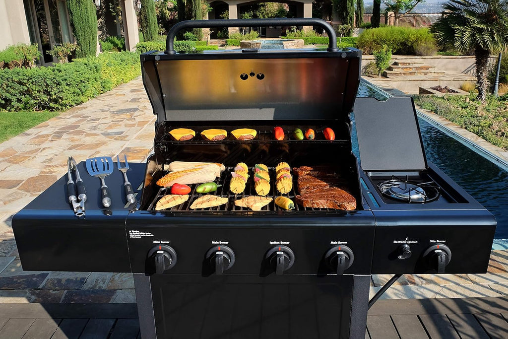 Kenmore 4-Burner Gas Grill with Side Burner, Outdoor BBQ Grill, Propane Gas Grill, Cast Iron Cooking Grates, Electronic Ignition, Warming Rack, Open Cart Design, 53000 BTUs, Black