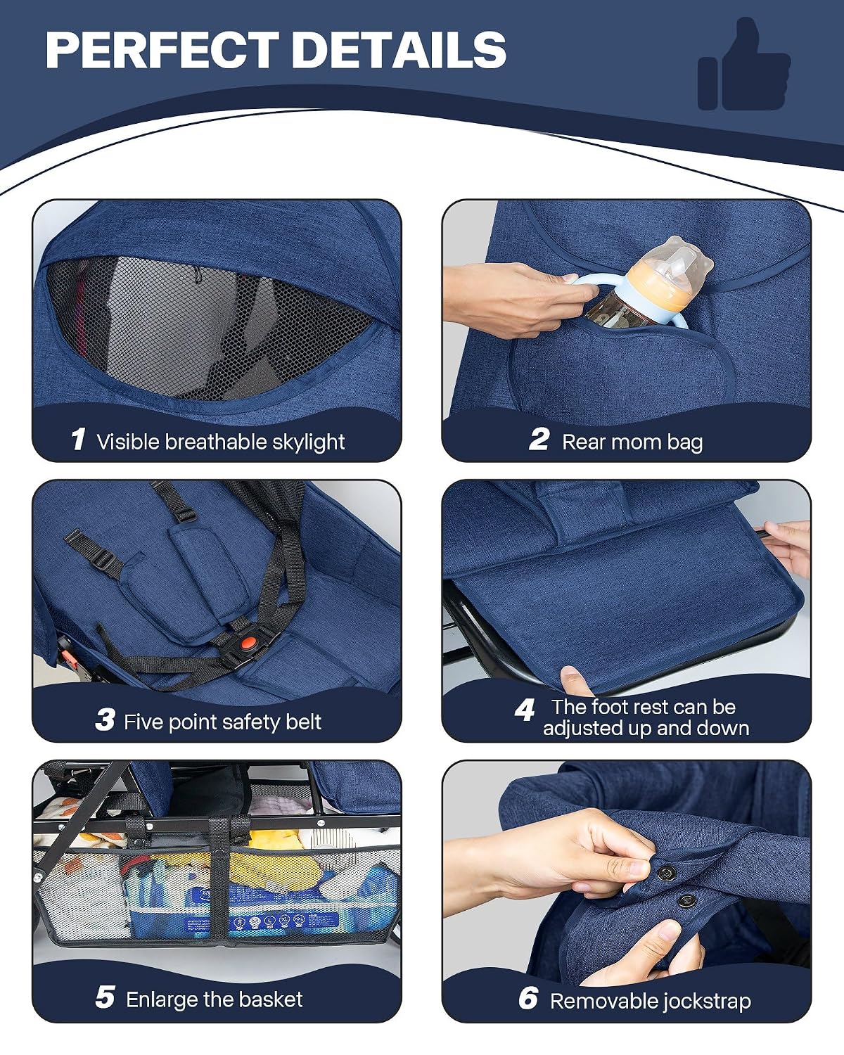 Double Stroller for Infant Toddler, Foldable Double Baby Stroller with Tandem Seating and Adjustable Backrest - Extra Gift Toys/Mosquito Net/Sleeping Mats/ 2 Cotton Pads/ 2 Hooks (Blue)