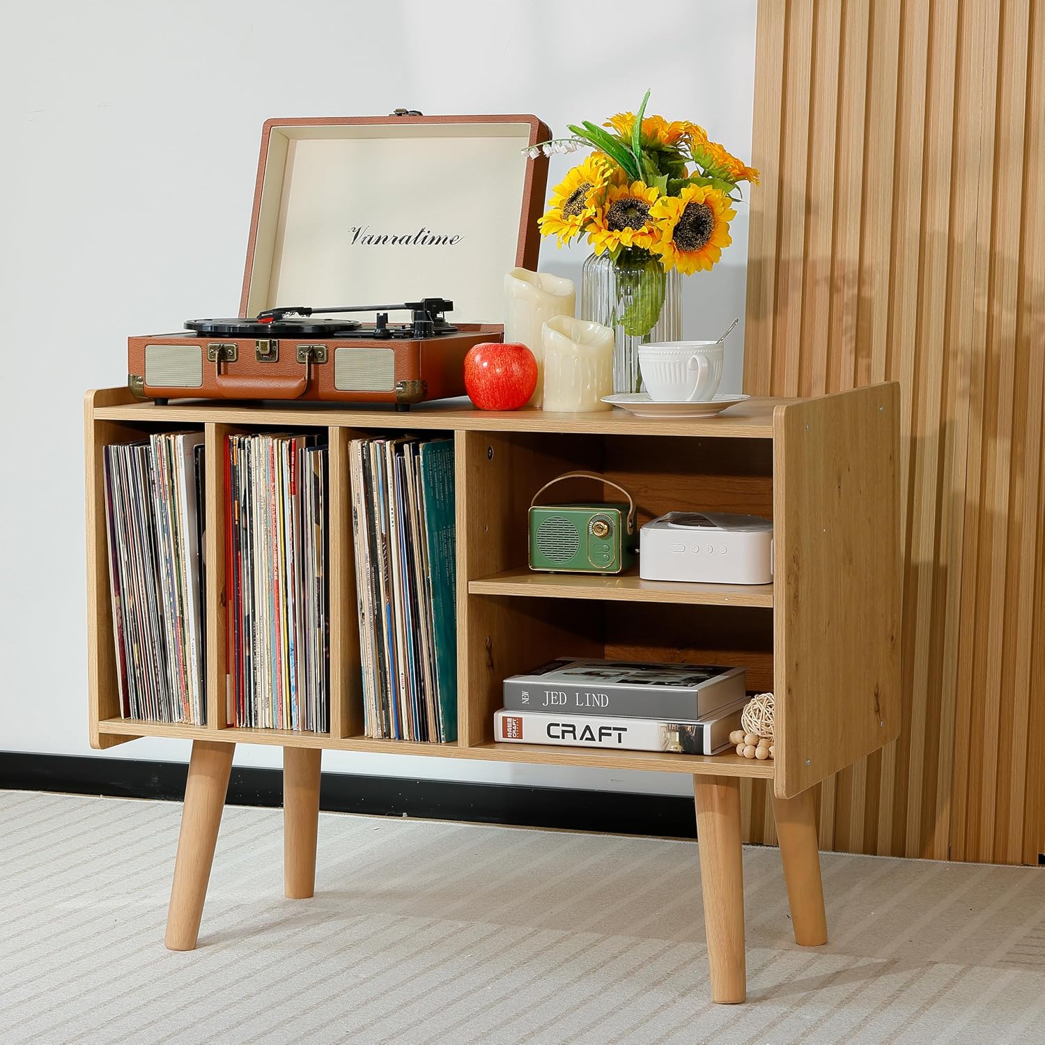 Record Player Stand with Vinyl Storage Holds Up to 300lb, Large Record Player Table Cabinet for Album Storage with Holder Vinyl Display Shelf, Wood Turntable Stand for Bedroom Living Room (Nature)