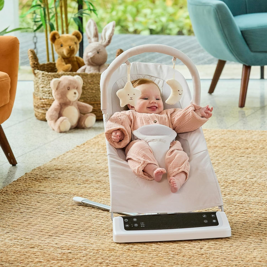 Nuby Deluxe Baby Bouncer Seat - Portable Infant Bouncer with Music, Fun Sounds, and Soothing Vibrations - Digital Display - 0-6 Months - Beige