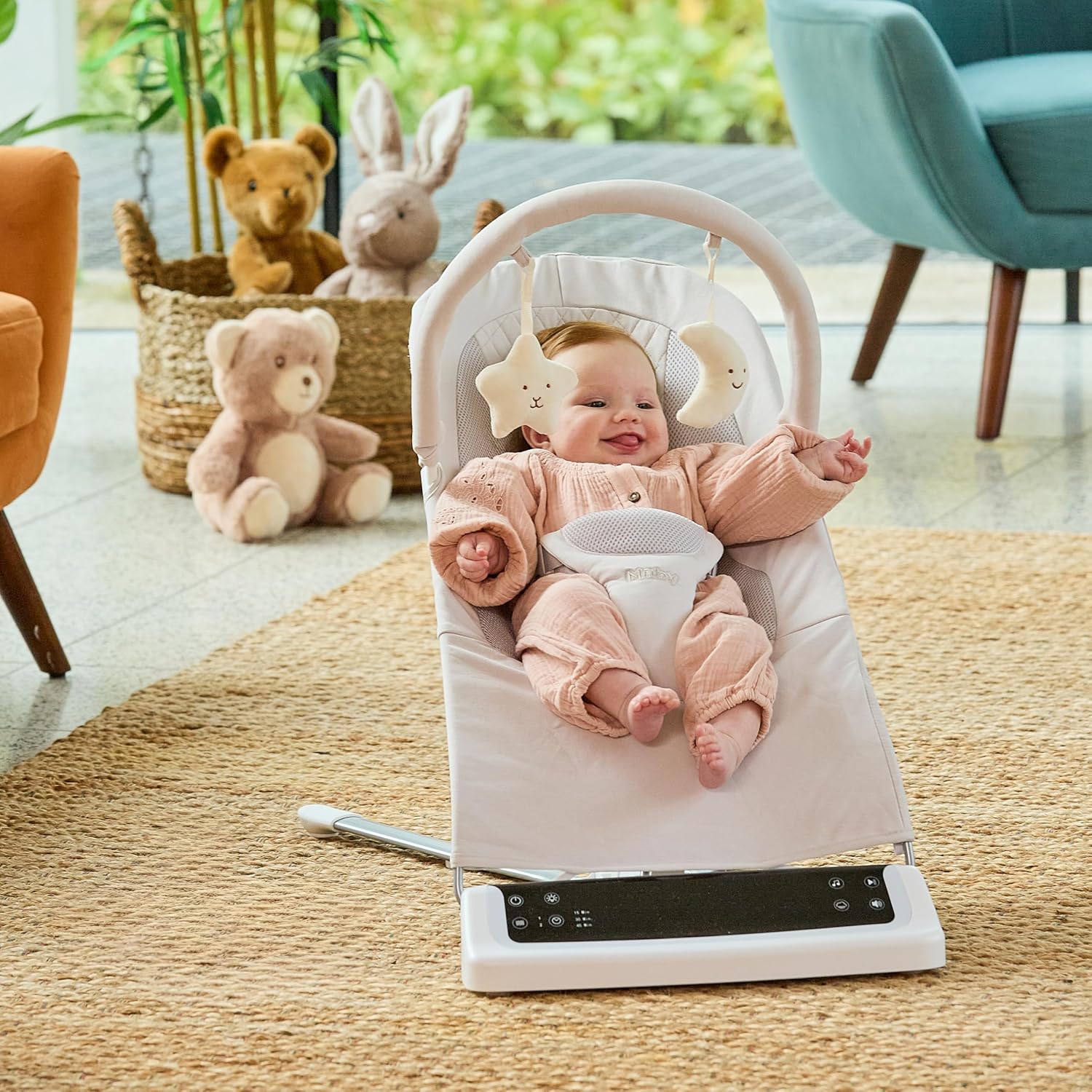 Nuby Deluxe Baby Bouncer Seat - Portable Infant Bouncer with Music, Fun Sounds, and Soothing Vibrations - Digital Display - 0-6 Months - Beige