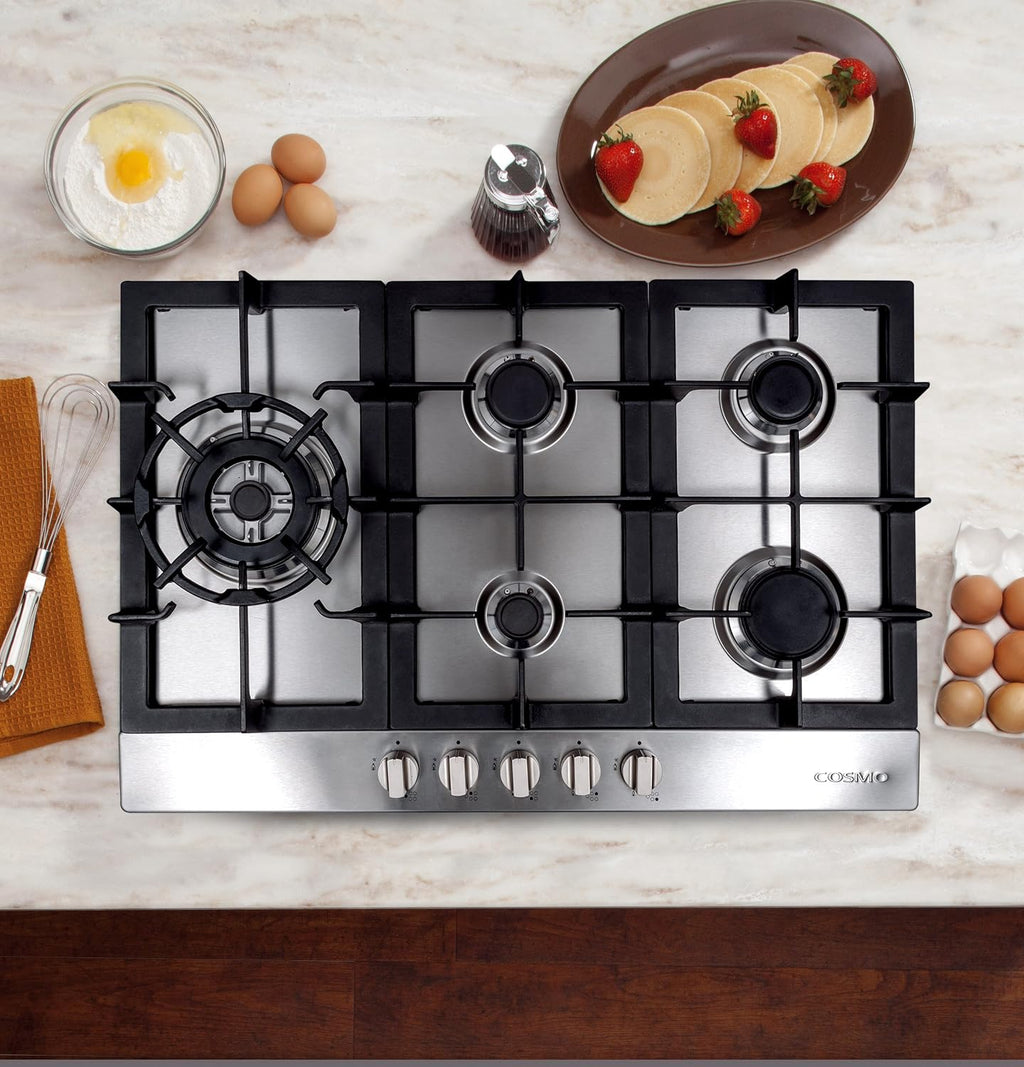 COSMO 850SLTX-E 30 in. Gas Cooktop with 5 Burners, Counter-Top Cooker with Cast Iron Grate Stove-Top, Melt-Proof Metal Knobs in Stainless Steel
