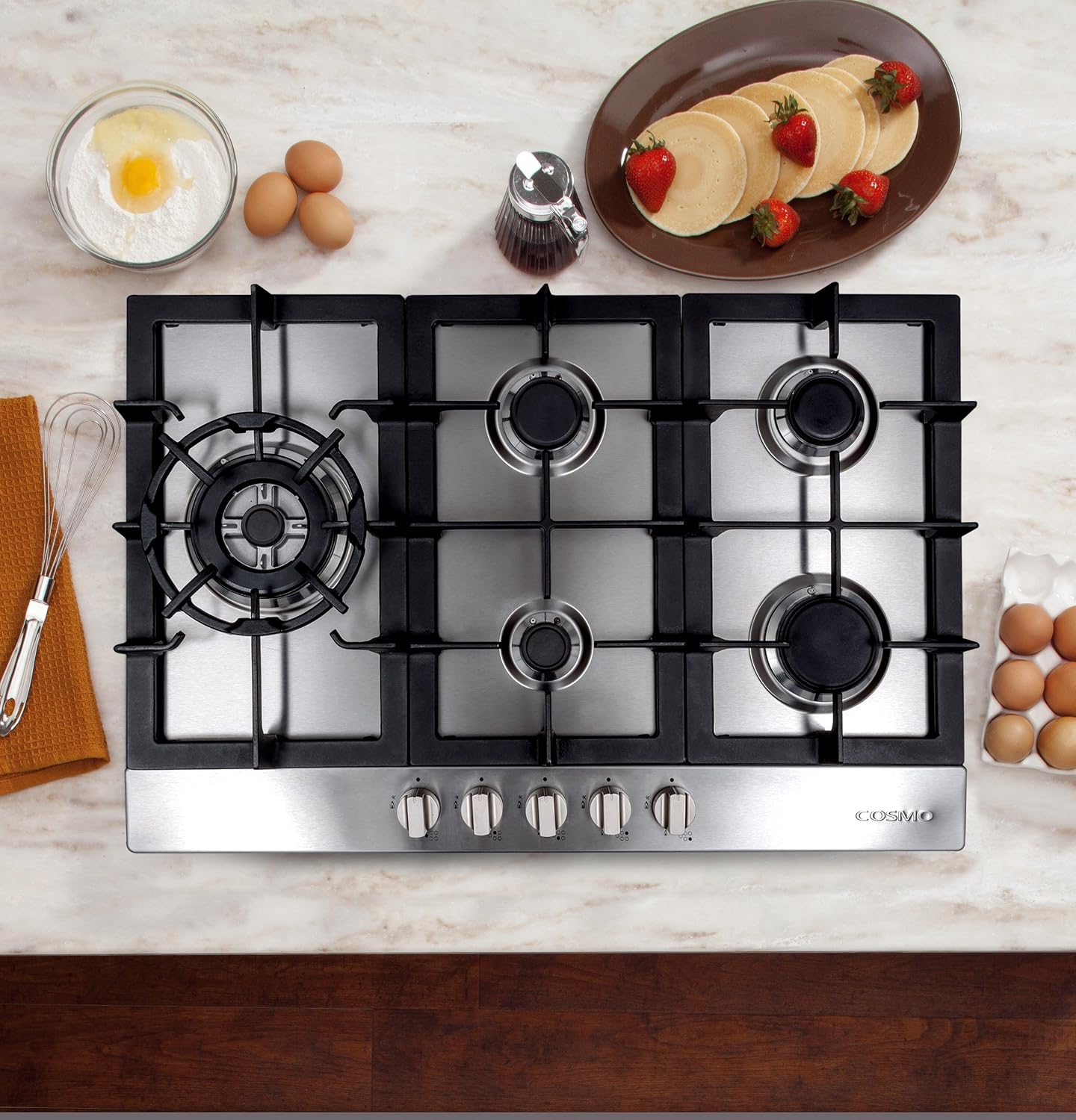 COSMO 850SLTX-E 30 in. Gas Cooktop with 5 Burners, Counter-Top Cooker with Cast Iron Grate Stove-Top, Melt-Proof Metal Knobs in Stainless Steel