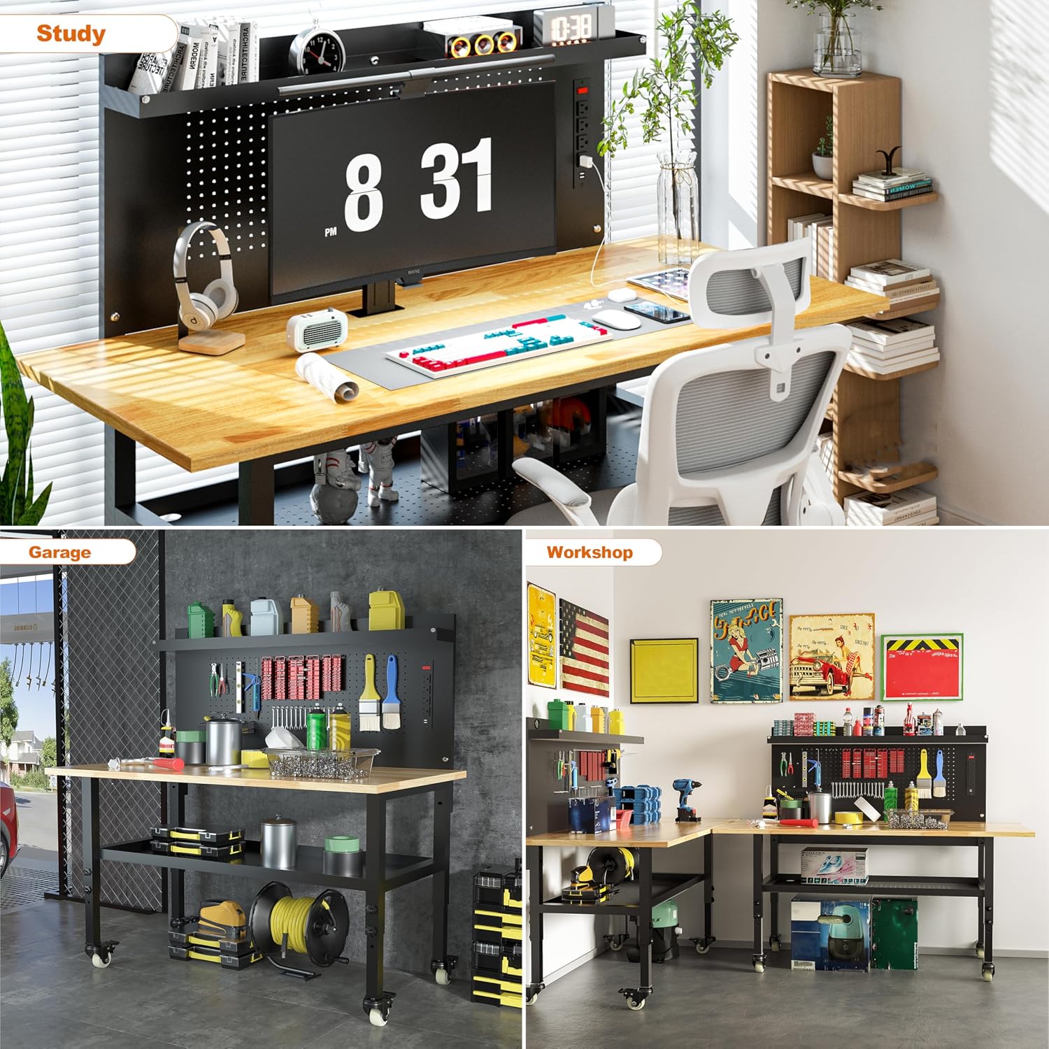 60' Heavy Duty Adjustable Workbench with Large Pegboard& Partition, Adjustable Work Table with Power Outlets & Lockable Wheels, Rubber Wood Workstation for Garage, Workshop, Office, Home, Commercial