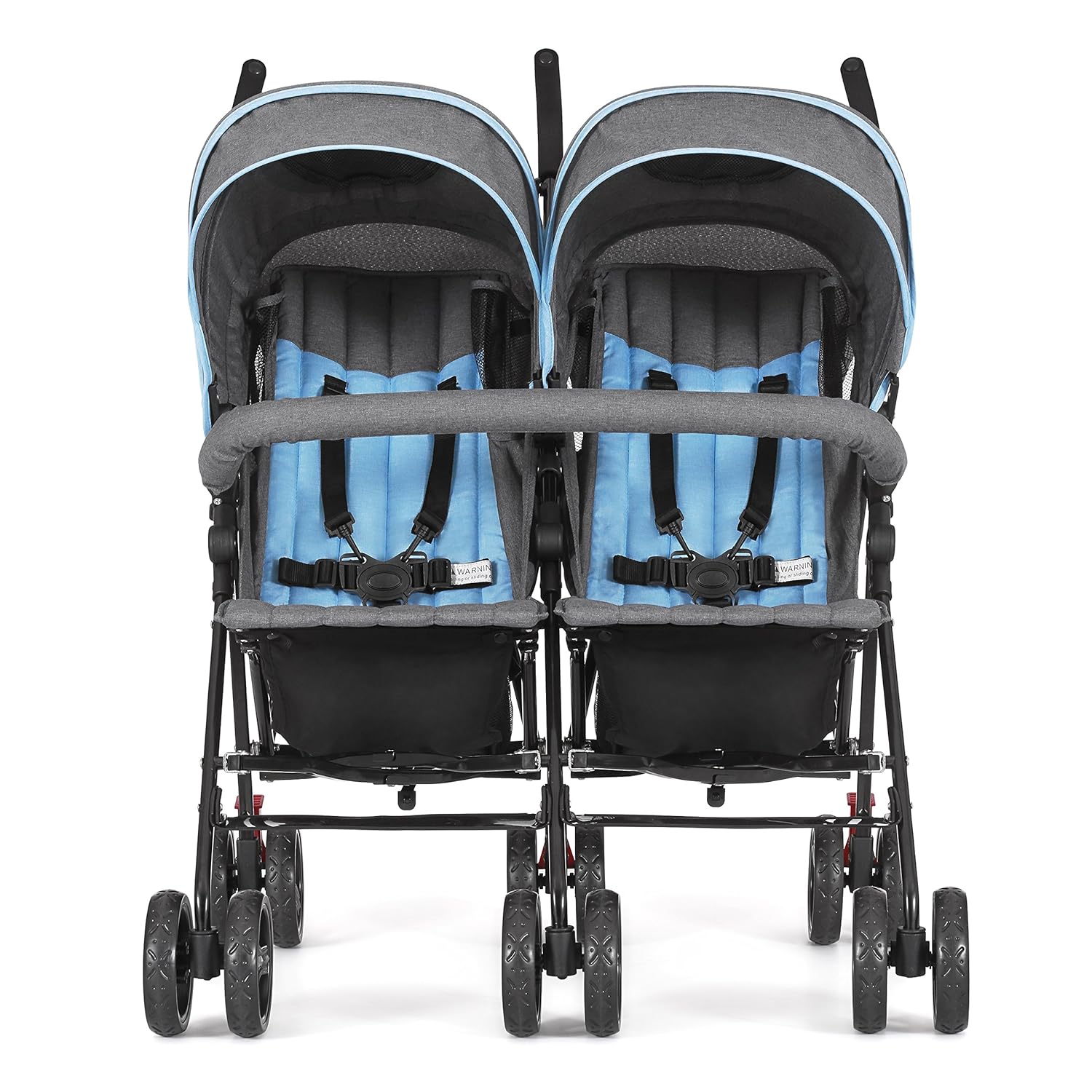 Dream On Me Volgo Twin Baby Stroller, Lightweight Side-by-Side Double Umbrella Stroller with Adjustable Canopy, 5-Point Harness, Storage Basket & Travel-Friendly Fold – Blue and Dark Grey