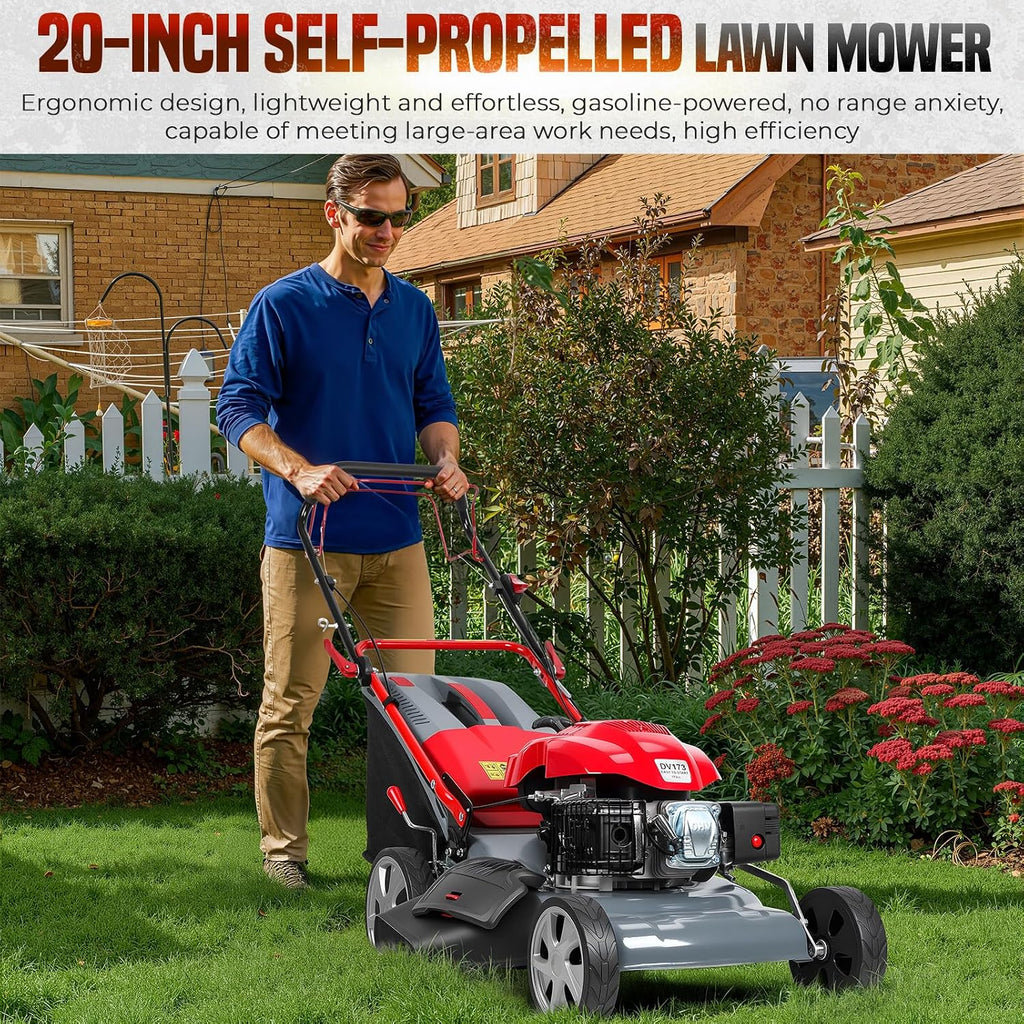 173CC 4-Cycle Engine Gas Engine Lawn Mower, 20-Inch Self-Propelled Lawn Mowers, Push Lawn Mower with 60L Grass Tank for Yard Patio Lawn Landscaping