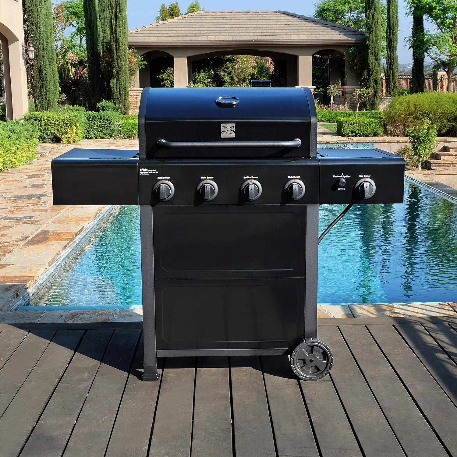 Kenmore 4-Burner Gas Grill with Side Burner, Outdoor BBQ Grill, Propane Gas Grill, Cast Iron Cooking Grates, Electronic Ignition, Warming Rack, Open Cart Design, 53000 BTUs, Black