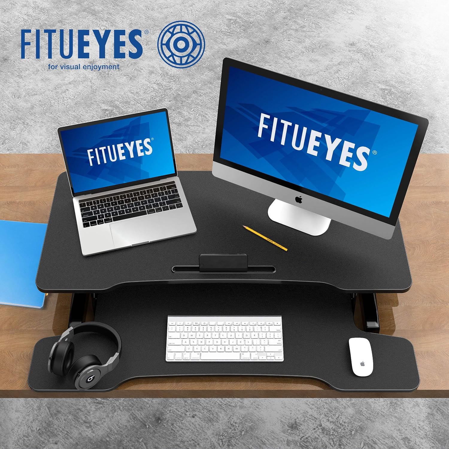 FITUEYES Height Adjustable Standing Desk 36' Wide Sit to Stand Converter Stand Up Desk Tabletop Workstation for Laptops Dual Monitor Riser Black SD309101WB