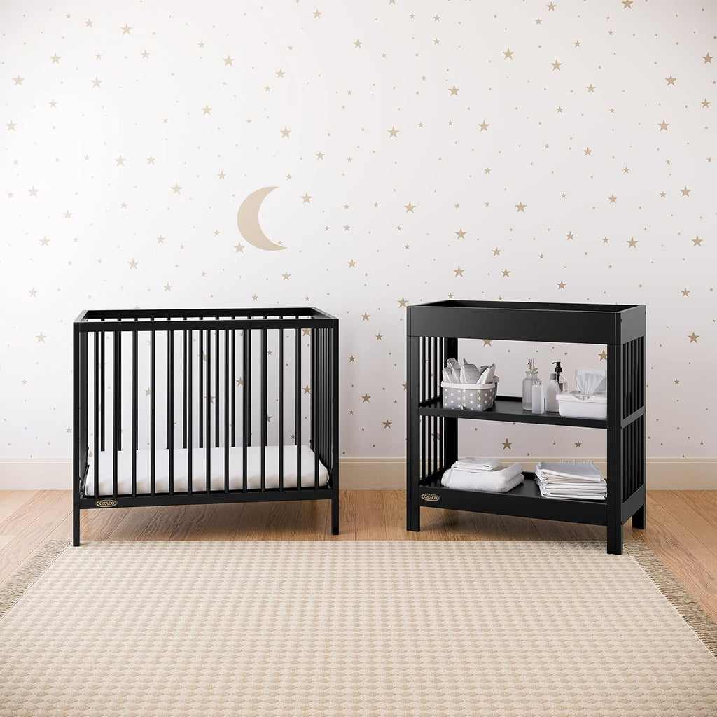 Graco Teddi 4-in-1 Convertible Mini Crib with Bonus Water-Resistant Mattress – GREENGUARD Gold Certified, 2.75-Inch Mattress Included, Small Spaces Crib, Easy 30-Minute Assembly (Black)