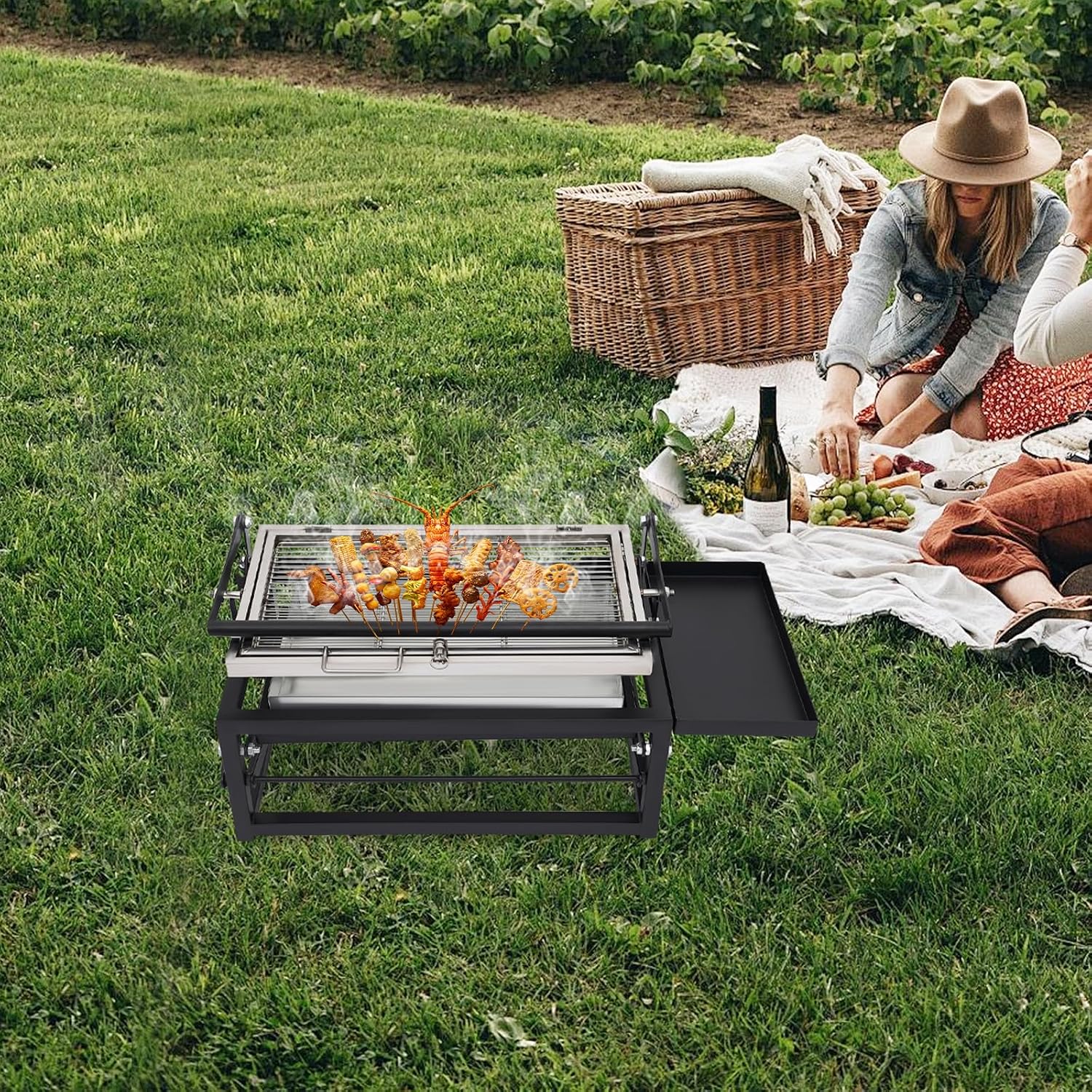 Folding Charcoal Flip Grill, Barbecue Grill Rotating Charcoal Grill with Flipping Basket, Portable Camping Charcoal BBQ Grill for Outdoor Camping, Picnic, Patio and Backyard Parties