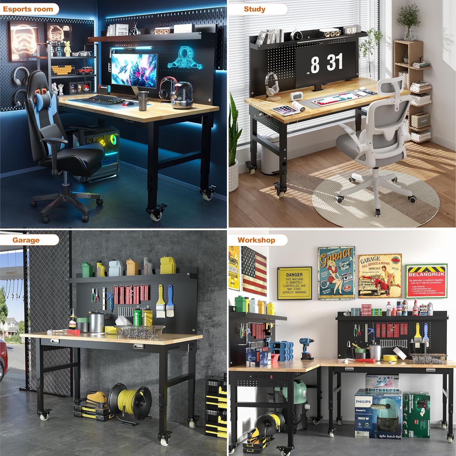 Betterhood 48' Heavy Duty Adjustable Workbench with Large Pegboard, Adjustable Work Table with Power Outlets & Lockable Wheels, Rubber Wood Workstation for Garage, Workshop, Office, Home, Commercial