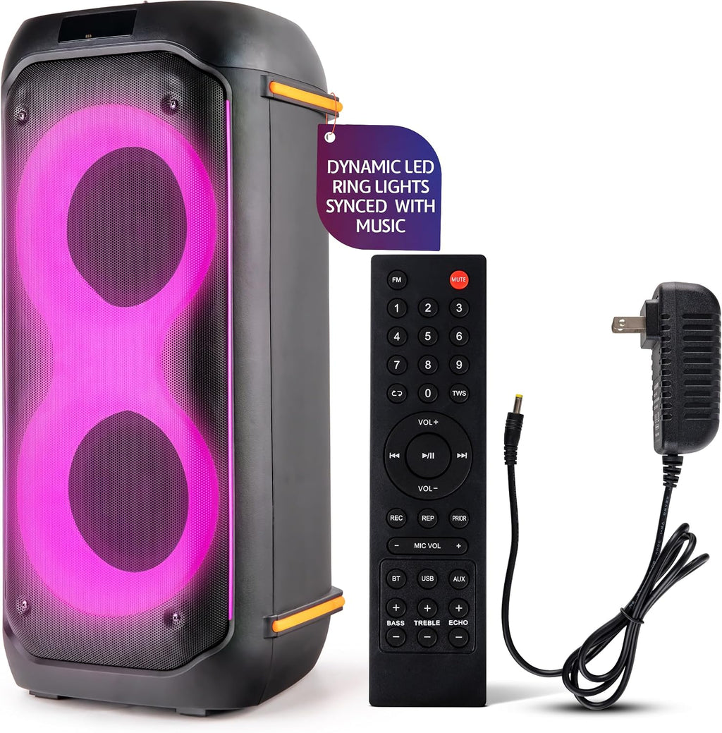 Pyle Compact Bluetooth PA Party Speaker System – 160W Portable Karaoke Machine with Built-in Battery, TWS, Mic Priority, USB/SD/BT/FM, Flashing LED Lights, Dual 6.5' Speakers, 11.6' x 11.6' x 25.2'