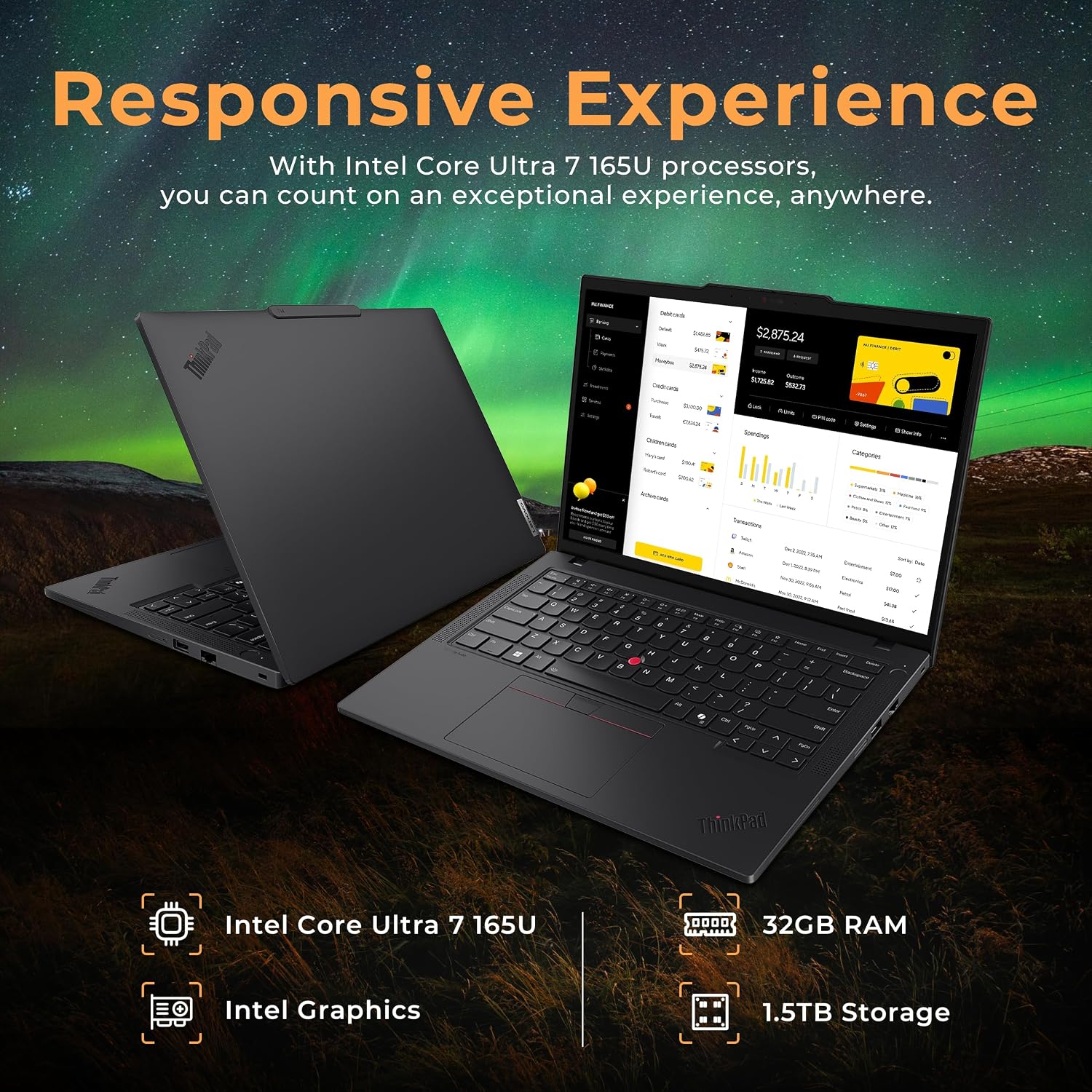 Lenovo ThinkPad T14 Gen 5 14' WUXGA Laptop, Intel Ultra 7 165U-vPro Technology, 32GB RAM, 1.5TB Storage(512GB SSD+1TB Docking Station Set), Backlit Keyboard, Fingerprint, Win11 Pro, Black