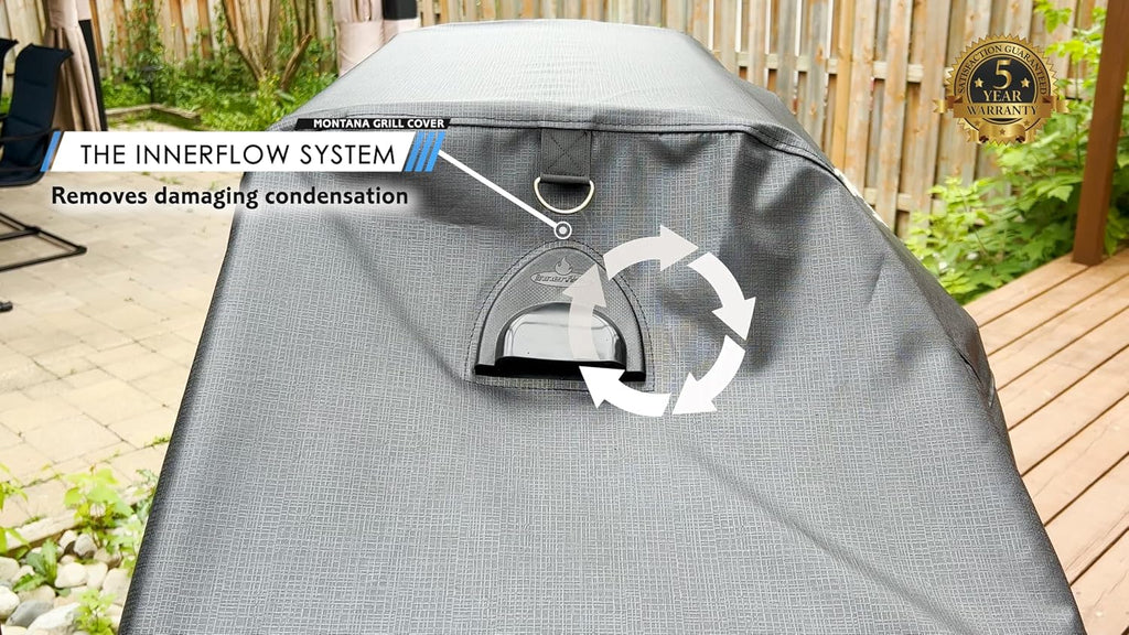 Montana Premium Gas Grill Cover Innerflow Ventilation Technology, Heavy Duty, UV, Cold Crack Resistant Waterproof, 5 Years Warranty, 90-Inch, Black Available in: 52' 56' 62' 68' 74' 80' 90'