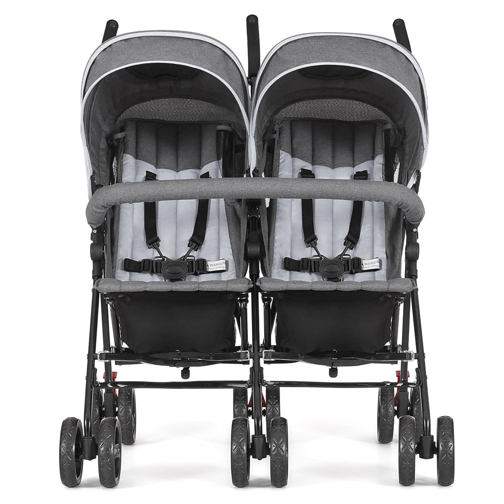 Dream On Me Volgo Twin Baby Stroller, Lightweight Side-by-Side Double Umbrella Stroller with Adjustable Canopy, 5-Point Harness, Storage Basket & Travel-Friendly Fold – Dark and Light Grey