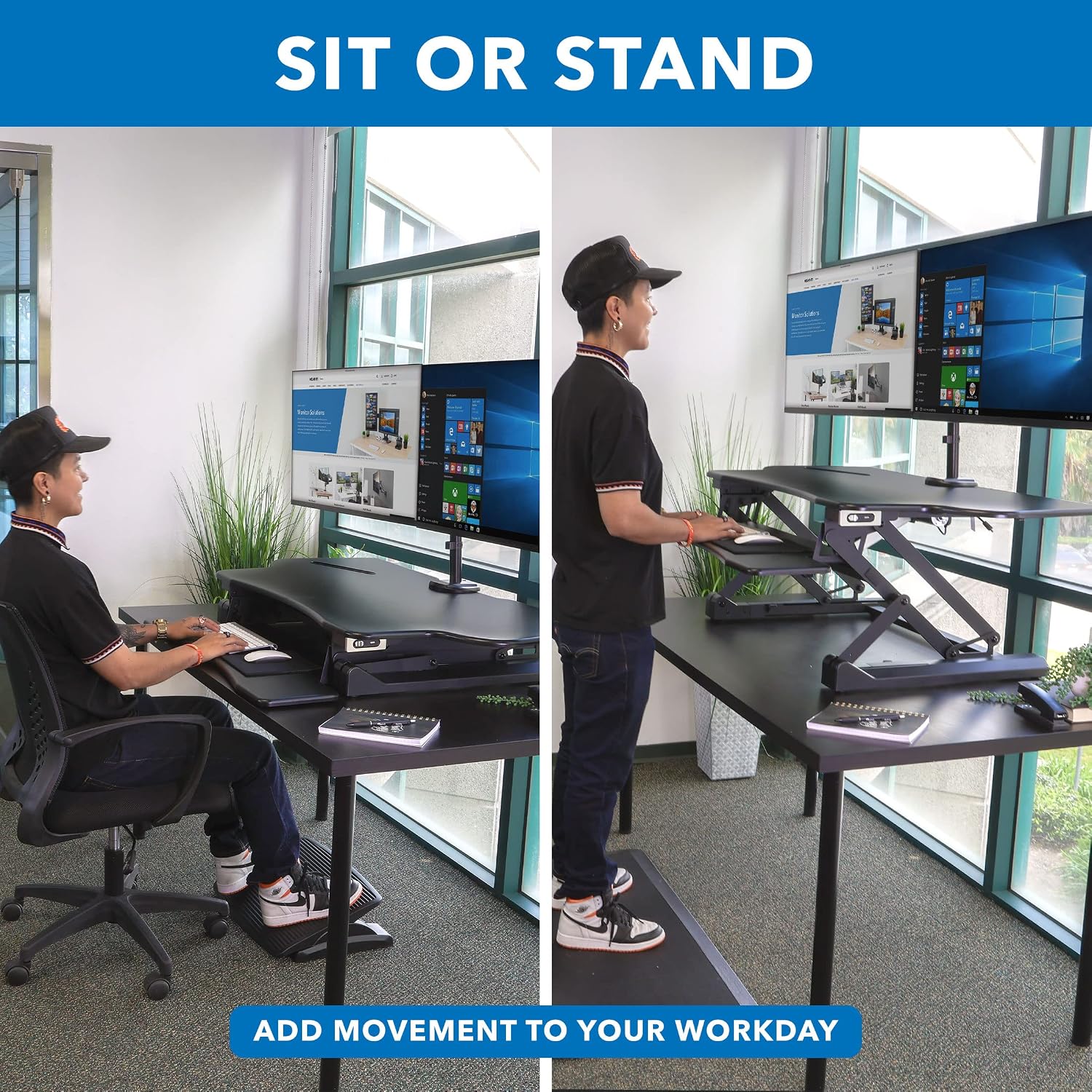 Mount-It! Electric Standing Desk Converter with Dual Monitor Arm, Stand Up Desk Riser X-Large 47.2' Wide, Electric Desk Riser with Mount for 2 Screens (Max 32'), Desktop with Keyboard Tray, USB, Black