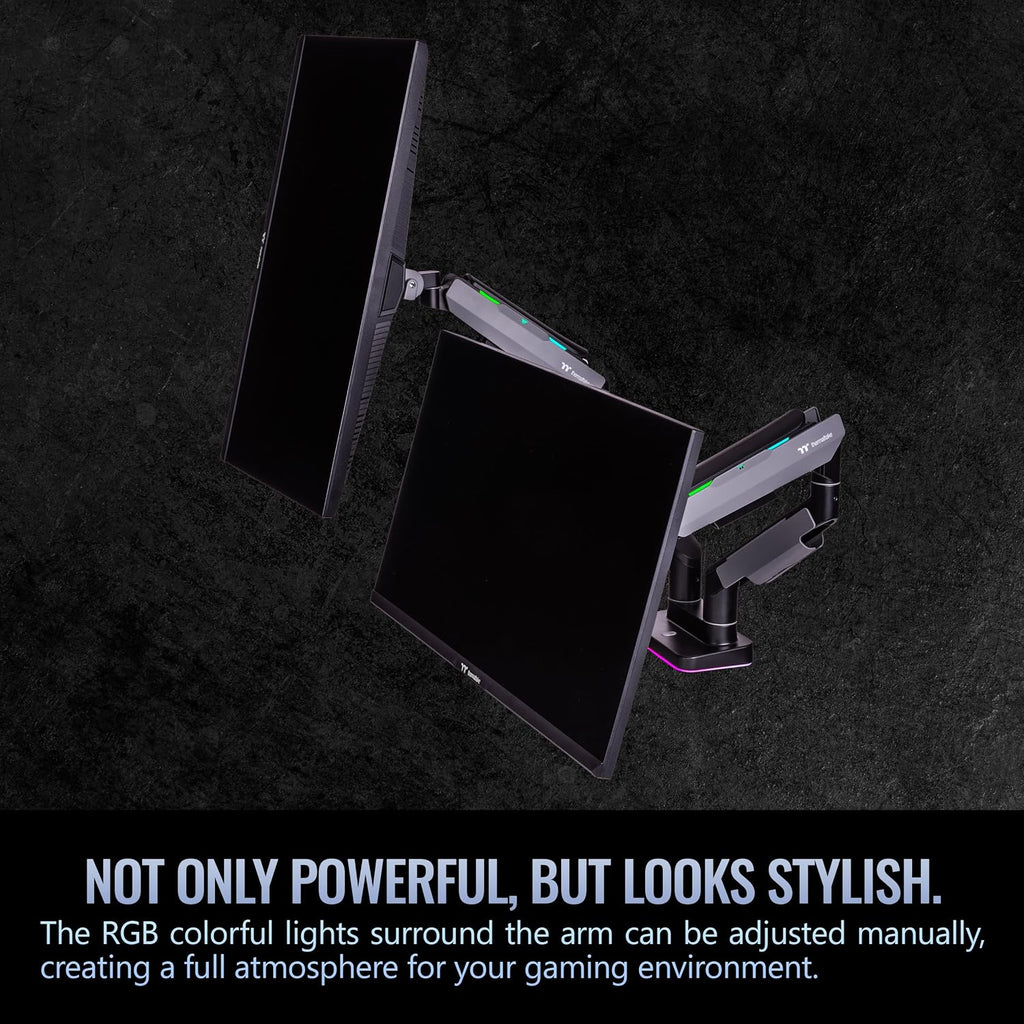 Thermaltake Dual Heavy Duty RGB Monitor Arm for up to 2 x 35 inchs and 2 x 44 lbs Screen, 100 x 100 mm VESA Compatible, Wide Rage Movements, GEA-MSR-DMSBLK-01