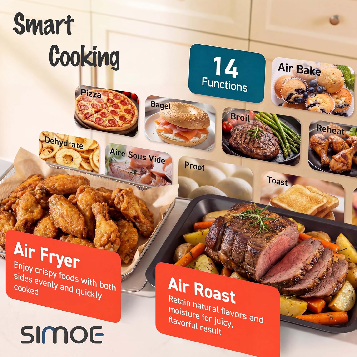 SIMOE Air Fryer Oven 26QT, 14-in-1 Toaster Oven Air Fryer Combo with 1700W Convection, Stainless Steel Countertop Oven with Rotisserie, Dehydrate & Pizza