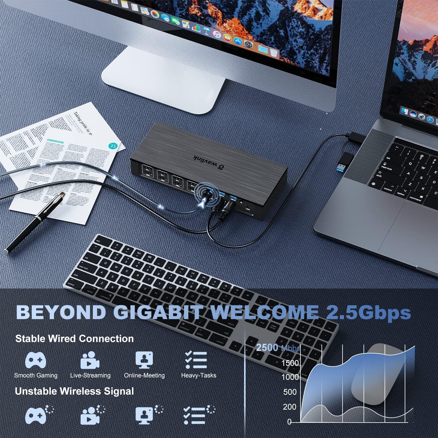 WAVLINK DisplayLink Laptop Docking Station, 4 HDMI, 4 DP, Quad Monitor 5K/4K@60Hz, Thunderbolt 5/4, USB-C/A, 180W Power, 100W Charging, SD 4.0 CR, 2.5Gbps LAN, M1–M5 Mac/MacBook Neo/Windows/Chrome