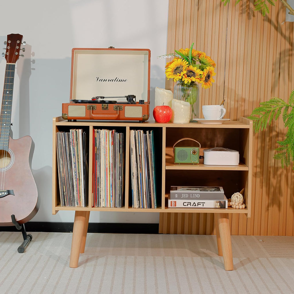 Record Player Stand with Vinyl Storage Holds Up to 300lb, Large Record Player Table Cabinet for Album Storage with Holder Vinyl Display Shelf, Wood Turntable Stand for Bedroom Living Room (Nature)