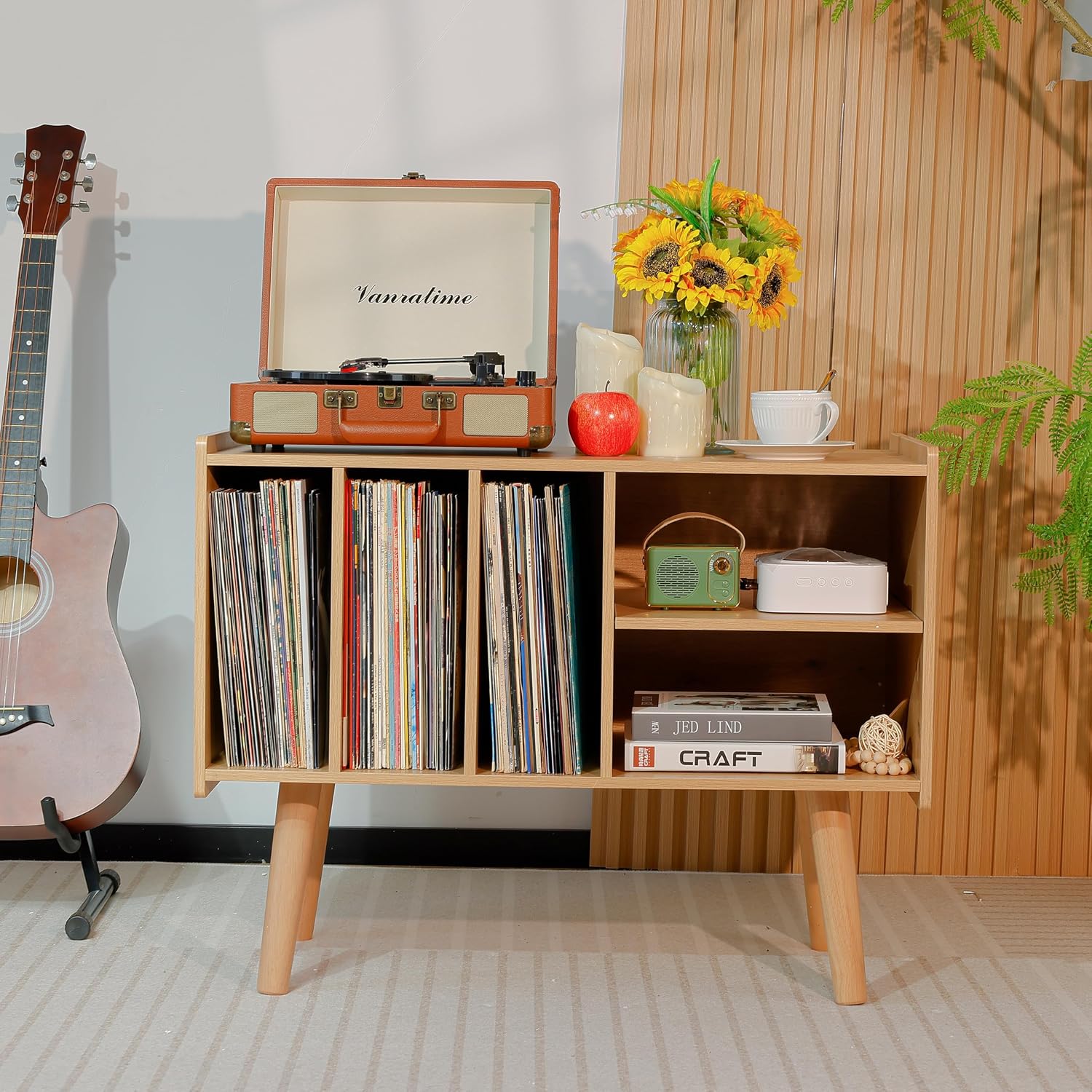 Record Player Stand with Vinyl Storage Holds Up to 300lb, Large Record Player Table Cabinet for Album Storage with Holder Vinyl Display Shelf, Wood Turntable Stand for Bedroom Living Room (Nature)