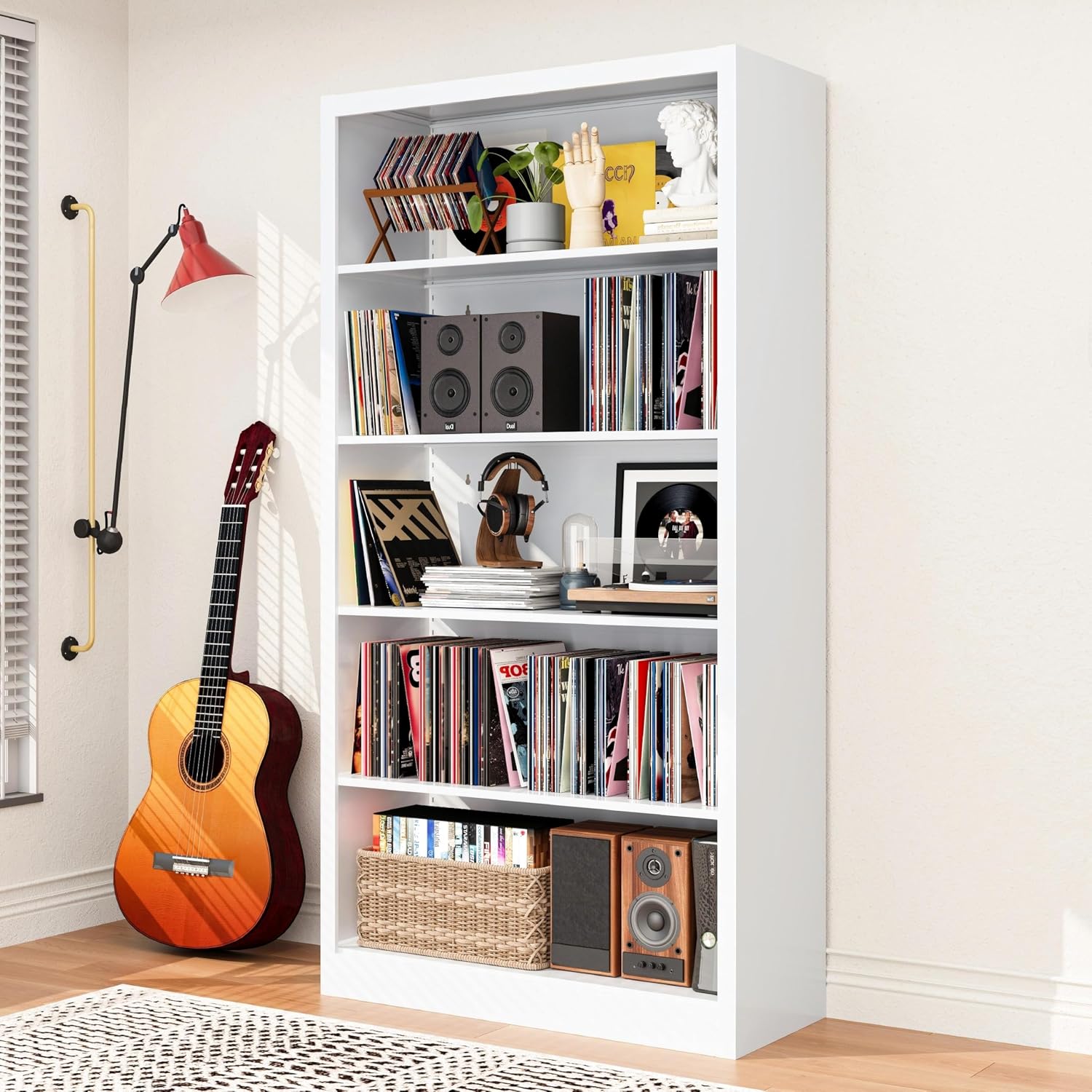 Large Vinyl Record Storage Cabinet, Heavy-Duty Metal Record Player Stand with Adjustable Shelves, 66' H Media Shelf Organizer for LP Albums, Turntable & Audio Equipment, White