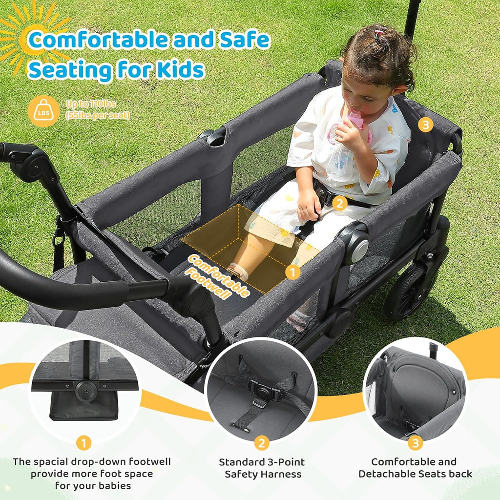 ELEMARA Foldable Wagon Stroller, Stroller Wagon for 2 Kids, Premium All Terrain Wagon for Kids with Removable Canopy, Adjustable Push/Pull Handle, Harnesses, Large Storage Bag, Grey