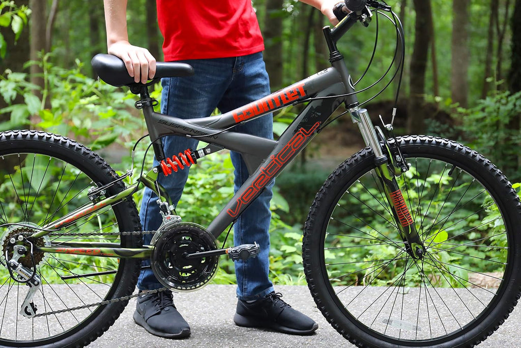 Dynacraft Vertical Gauntlet 24 Inch Bike, Teenager Bicycle Age 13-17, Mountain Bike for Men, 21 Speed Shimano Gear Shifters, Full Suspension, Adult Bicycle, Trail Ready Design