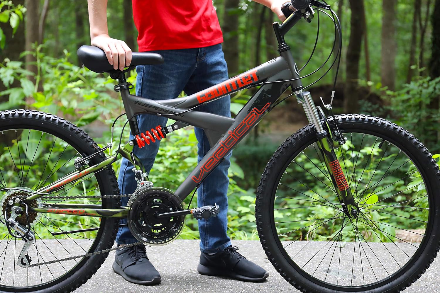 Dynacraft Vertical Gauntlet 24 Inch Bike, Teenager Bicycle Age 13-17, Mountain Bike for Men, 21 Speed Shimano Gear Shifters, Full Suspension, Adult Bicycle, Trail Ready Design