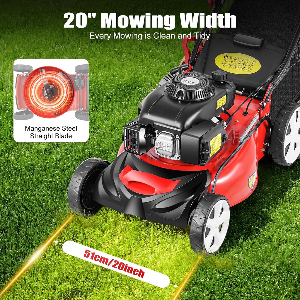 140CC 5HP Self Propelled Gas Lawn Mower, 20 Inch 4-Stroke High Wheel FWD Gas Walk Behind Self Propelled Lawn Mower Single Cylinder Motor OHV Gasoline Engine with 60L/15.85gallon Capacity Bag