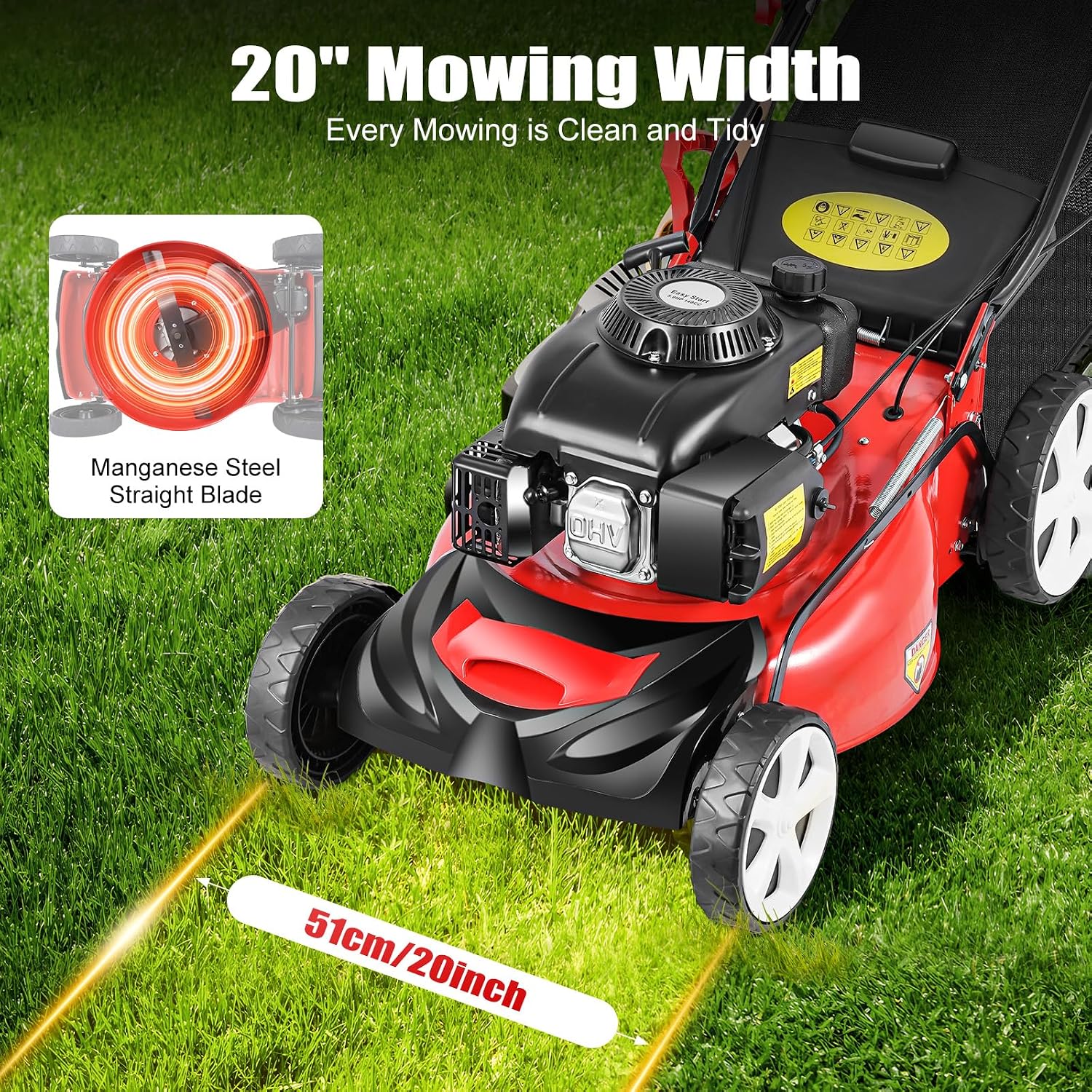 Self-Propelled Gas Lawn Mower, 140CC 4-Stroke 5HP Lawn Mower 3-in-1 Push Mower with 60L/15.9Gal Grass Catch Bag, Steel Grass Catcher for Yard & Garden, 8 Gears Mowing Height Adjustment, 2800Rpm
