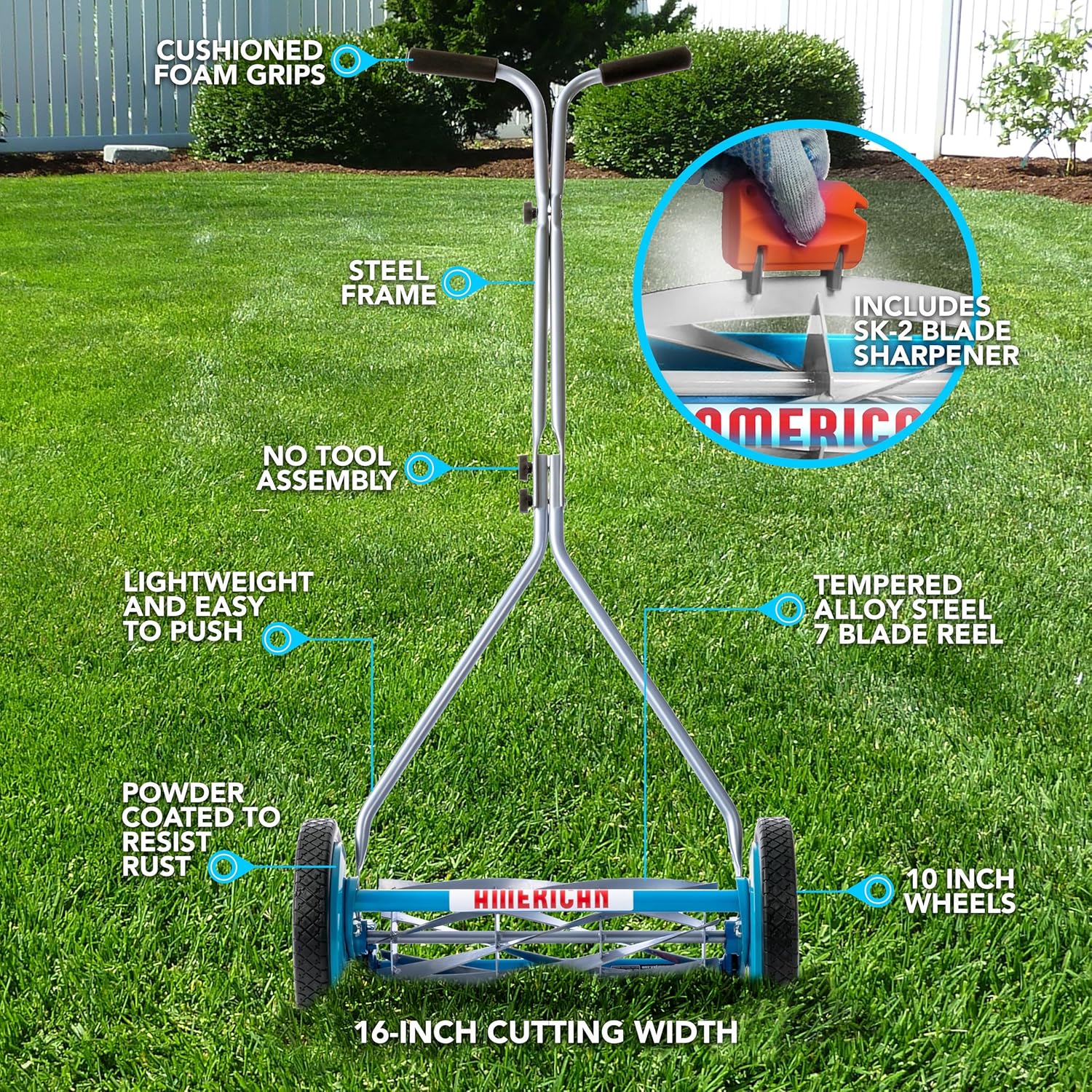 American Lawn Mower Company 2607-16 16-Inch 7-Blade Reel Push Lawn Mower, SK-2 Sharpener Included