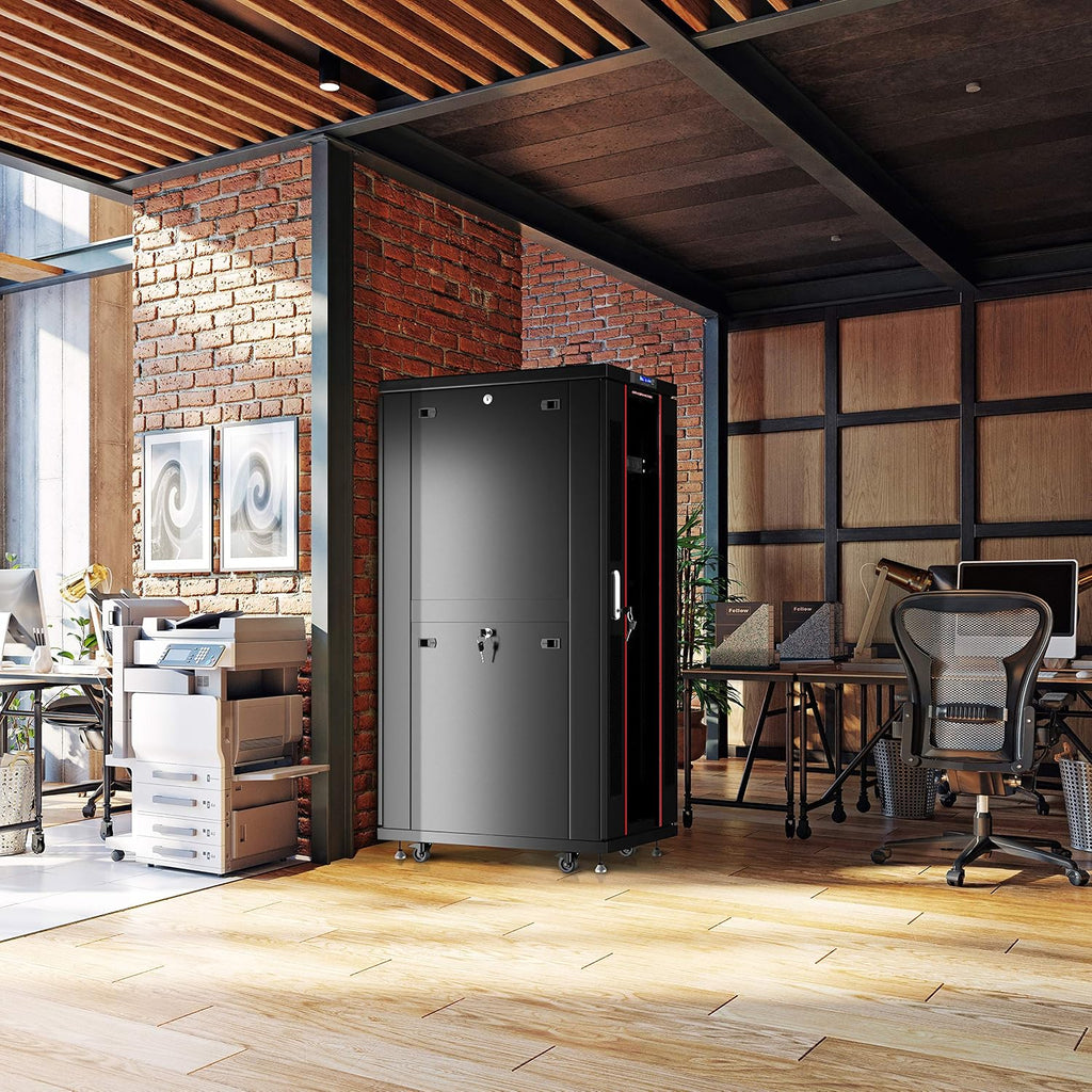 27U Home Server Rack Cabinet – 19' Floor Standing Network Rack, 39' Deep Homelab Rack with Locking Glass Door, Cooling Fans, PDU & Shelf for NAS, Router, Switch and AV Equipment