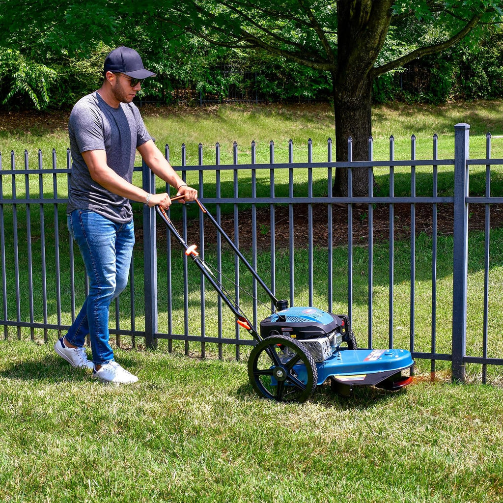 SENIX High Wheel Gas Walk Behind Brush Cutter and String Trimmer, 22-Inch Swatch with .155-Inch Line, 160 cc 4-Cycle Engine, Steel Deck, 14' Rubber Wheels, Adjustable Height (STMG-L)
