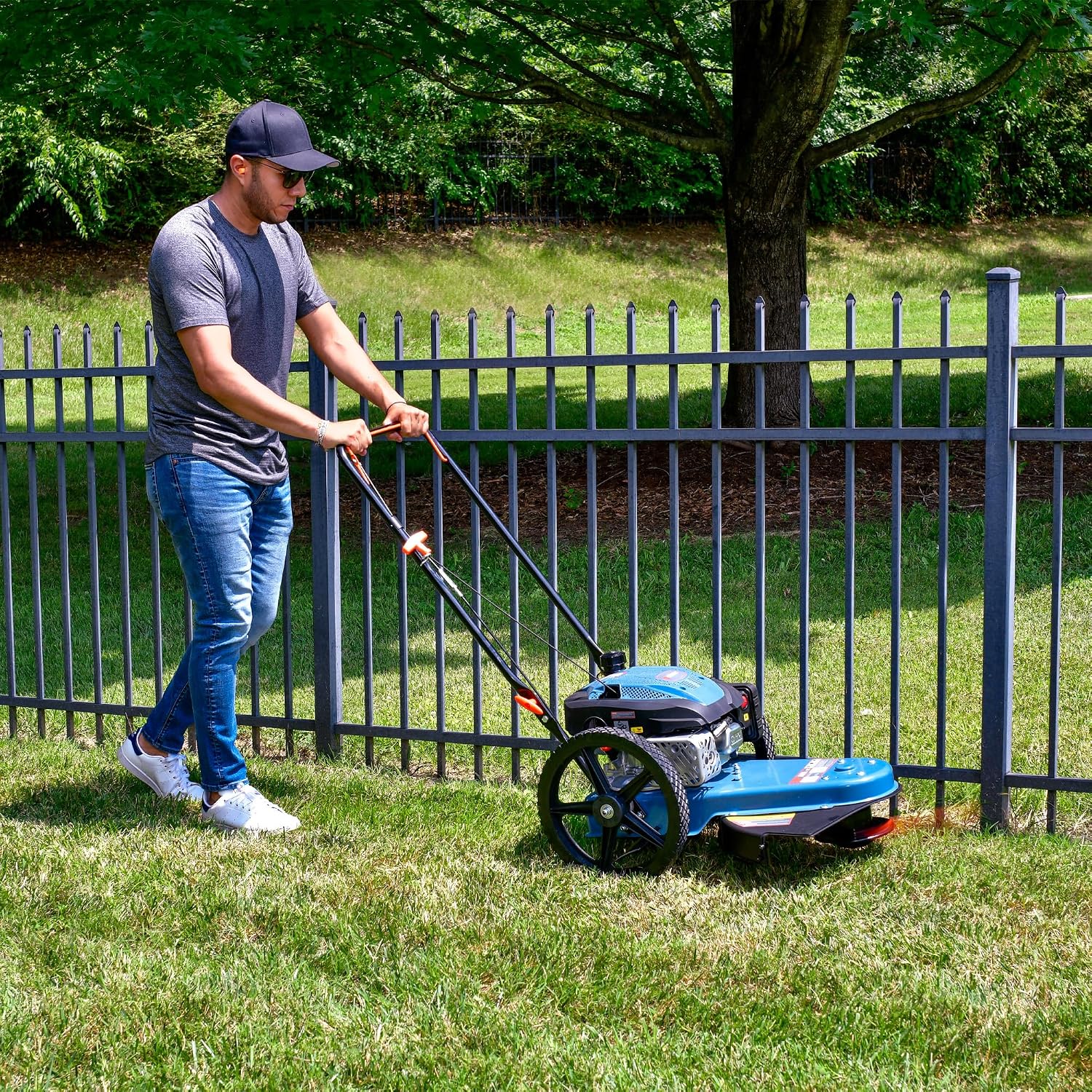 SENIX High Wheel Gas Walk Behind Brush Cutter and String Trimmer, 22-Inch Swatch with .155-Inch Line, 160 cc 4-Cycle Engine, Steel Deck, 14' Rubber Wheels, Adjustable Height (STMG-L)